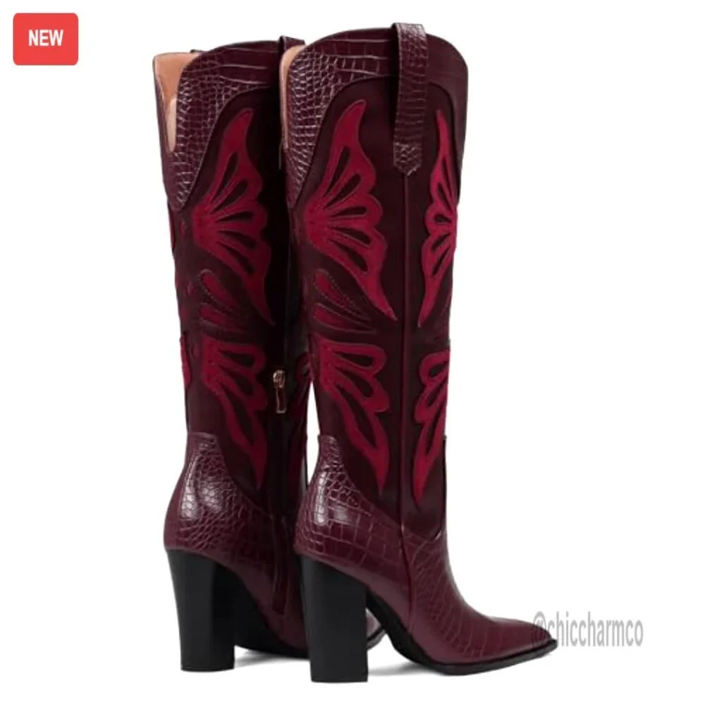 Pointed Toe Knee High Cowboy Boots with Chunky Heel and Butterfly Embroidery - Picture 7 of 7